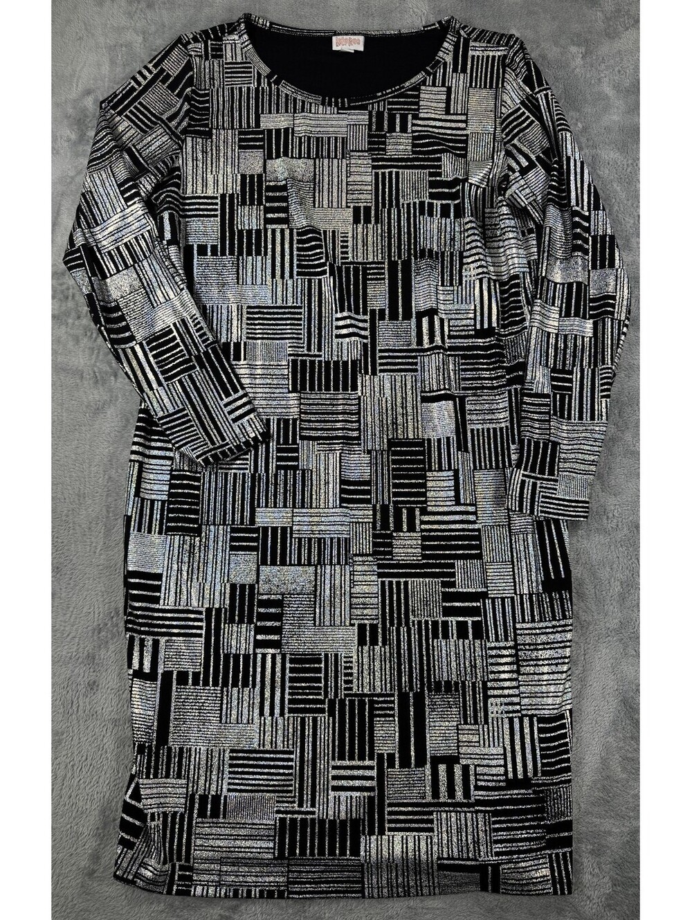 Lularoe Elegant Debbie Long Sleeve Midi Dress Metallic Silver and Black Size XL